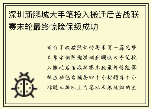 深圳新鹏城大手笔投入搬迁后苦战联赛末轮最终惊险保级成功