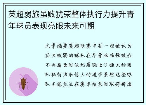 英超弱旅虽败犹荣整体执行力提升青年球员表现亮眼未来可期 英超弱旅虽败犹荣整体执行力提升青年球员表现亮眼未来可期